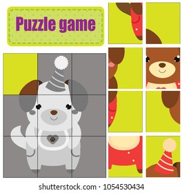 Puzzle for toddlers. Cute puppy. Match pieces and complete the picture. Activity for pre school years kids. Animals theme