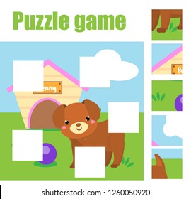 Puzzle for toddlers. Match pieces and complete picture of cute dog. Educational game for children. Animals theme worksheet