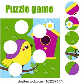 Puzzle for toddlers. Matching children educational game. Match pieces and complete the picture. Activity for pre school years kids. Bird with birdhouse. Animals theme