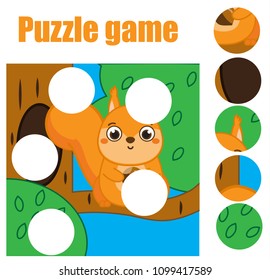 Puzzle for toddlers with squirrel. Match pieces and complete the picture. Educational game for pre school years kids. Animals theme