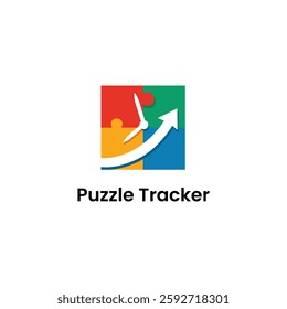 Puzzle Tracker Logo, Gaming App Icon – Jigsaw Puzzle Piece Vector, Time Tracker Design, Clock Symbol, Task Management, Productivity, Brain Teaser, UX UI Icon, Mobile App, Timer, Challenge, Mind Game.