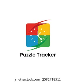 Puzzle Tracker Logo, Gaming App Icon – Jigsaw Puzzle Piece Vector, Time Tracker Design, Clock Symbol, Task Management, Productivity, Brain Teaser, UX UI Icon, Mobile App, Timer, Challenge, Mind Game.