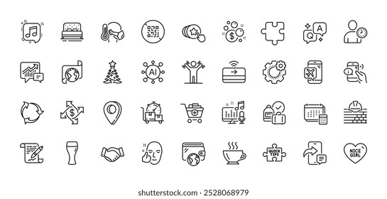 Puzzle, Translation service and Accounting line icons pack. AI, Question and Answer, Map pin icons. Sick man, Time management, Podcast web icon. Vector