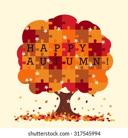 Puzzle tree in autumn style. Nature happy autumn puzzle tree and white flower. 