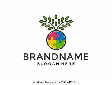 Puzzle tree logo, puzzle leaf logo, psychology vector, autism logo, education template