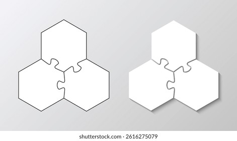 Puzzle triangle grid with hexagonal pieces. Jigsaw layout, steps, parts of process diagram. Hexagon business presentation infographic. Business presentation for infographics. Vector illustration.
