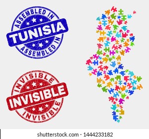 Puzzle Tunisia map and blue Assembled seal, and Invisible distress seal stamp. Bright vector Tunisia map mosaic of puzzle parts. Red round Invisible rubber.