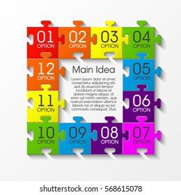 Puzzle twelve piece business presentation. Square infograph. Circle 12 Step process diagram card. Section compare service banner. Vector illustration template color shape . 3d Abstract Background