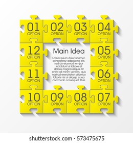 Puzzle twelve piece business presentation. Square infograph. Circle 12 Step process diagram card. Section compare service banner. Vector illustration template color shape . 3d Abstract Background