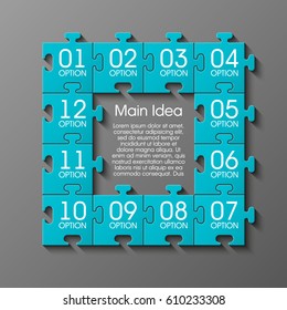 Puzzle twelve piece business presentation. Square infograph. Circle 12 Step process diagram card. Section compare service banner. Vector illustration template color shape . 3d Abstract Background