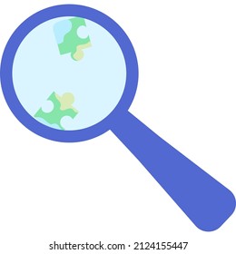 Puzzle under magnifying glass flat vector icon. Jigsaw logic game part under loupe isolated on white background. Team work, fraud or solution research concept