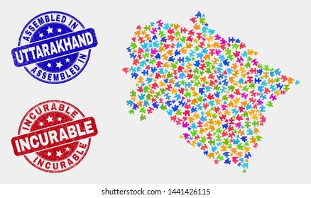 Puzzle Uttarakhand State map and blue Assembled seal stamp, and Incurable distress seal stamp. Colorful vector Uttarakhand State map mosaic of plug-in items. Red rounded Incurable stamp.