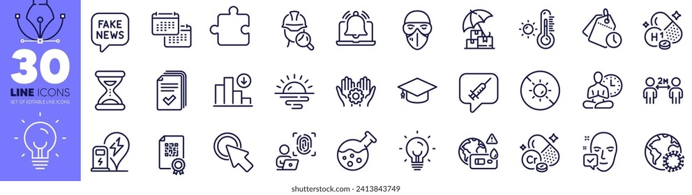 Puzzle, Vaccine message and No sun line icons pack. Social distancing, Medical mask, Qr code web icon. Reminder, Decreasing graph, Chromium mineral pictogram. Weather thermometer. Vector