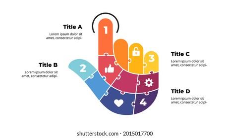 Puzzle vector click infographic template. Abstract finger diagram. 4 steps, parts, options info graphic. Modern minimalistic hand chart. Internet presentation illustration. 
