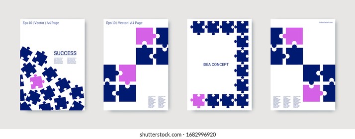 Puzzle vector cover. Corporative work concept. Set of business covers. Puzzle vector cover background. Pieces for infographics frame. Bright vector flyer. Trendy digital banner.