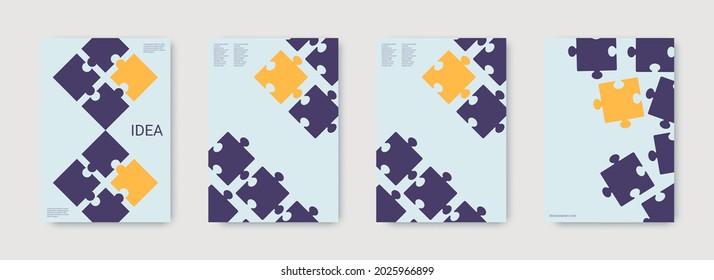 Puzzle vector cover. Corporative work concept. Set of business covers. Puzzle vector cover background. Pieces for infographics frame. Bright vector flyer. Trendy digital poster.