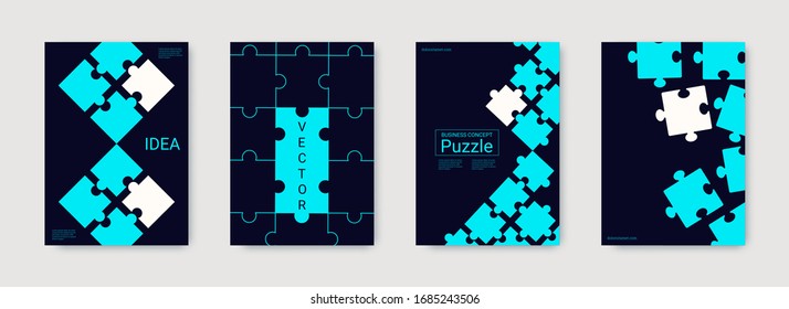 Puzzle vector covers. Corporative work concept. Set of business covers. Industrial engineering design. Vector illustration puzzle for web design. Bright vector banner. Minimal digital template.