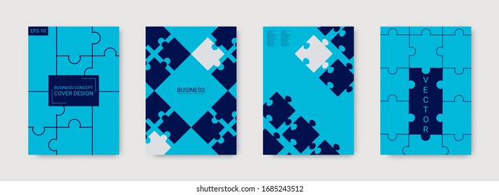 Puzzle vector covers. Futuristic digital banner. Industrial engineering design. Vector illustration puzzle for web design. Trendy vector template. Corporative work concept. Set of business covers.