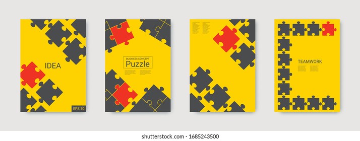 Puzzle vector covers. Minimal digital flyer. Puzzle flat cover vector design. Jigsaw puzzle vector banner. Colorful vector template. Corporative work concept. Set of business covers.