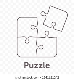 Puzzle vector icon of four pieces. Jigsaw game icon concept isolated on white background
