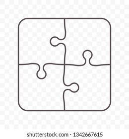 Puzzle vector icon of four pieces. Jigsaw game icon concept isolated on white background