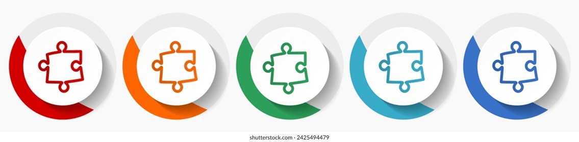 Puzzle vector icon set, flat icons for logo design, webdesign and mobile applications, colorful round buttons