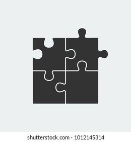 Puzzle - Vector icon. Set of four black piece puzzle on white background