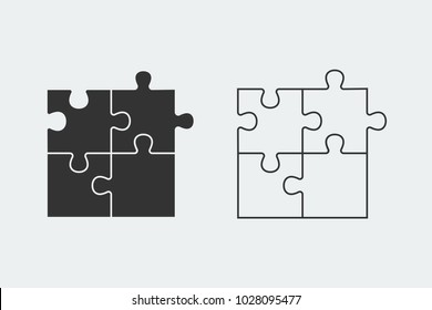 Puzzle - Vector Icon. Set Of Four Black Piece Puzzle And Line Piece Puzzle On White Background