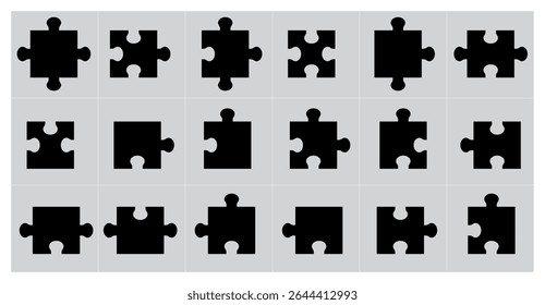 Ilustración vectorial del conjunto del icono del Vector del rompecabezas, silueta de piezas del rompecabezas. Colección de rejillas de puzzle. Puzzle-infografía. Presentación de diagrama de proceso, resolución de problemas, conjunto de piezas de rompecabezas aisladas.