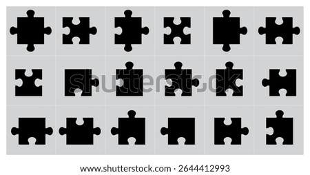 Puzzle vector icon set vector illustration, Jigsaw puzzle pieces silhouette. Puzzle grids collection. Puzzle-infographics. Process diagram presentation, problem solving, Set of Puzzle Pieces Isolated.