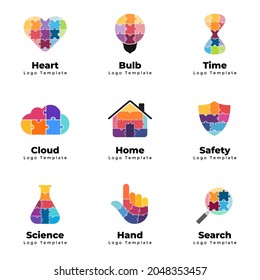 Puzzle Vektor-Logo-Vorlagen Set. Herzmedizin. Stundenglas-Zeitkonzept. Idee einer Glühbirne. Internet-Symbole. Wissenschaftliches Experiment. Fingerklick. Suchfunktion. Familienhaus. 