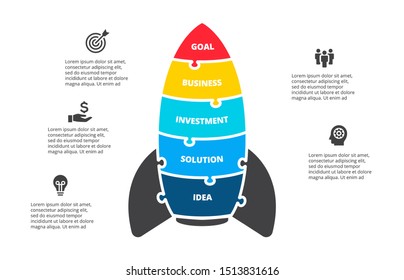 Puzzle vector rocket infographics. Startup businecc concept for chart, diagram, web design, or presentation with 5 options.