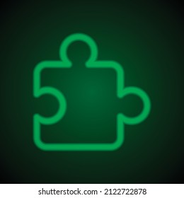 Puzzle vector simple icon. Flat desing. Green neon on black background with green light.ai