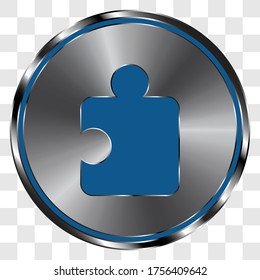 Vector de rompecabezas, icono simple sobre botón redondo de metal. Cuadrícula transparente