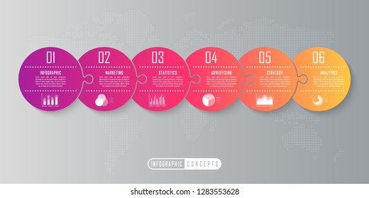 Puzzle vector timeline infographics for chart, diagram, web design, presentation, workflow layout. Business concept with 6 options, parts, steps or processes