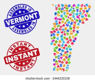 Puzzle Vermont State map and blue Assembled seal stamp, and Instant textured seal stamp. Colored vector Vermont State map mosaic of plugin units. Red round Instant stamp.