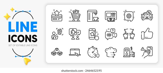 Los íconos de línea de clasificación de rompecabezas, correo de voz y estrellas establecidos para el App incluyen como, cajero automático, icono delgado de contorno de la cesta de la compra. Icono de pictograma de envío de paquetes, temporizador y no tocar. Cafetera. Vector