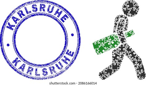 Puzzle wine bottle courier mosaic icon with Karlsruhe seal. Blue vector round grunge seal with Karlsruhe phrase. Abstract mosaic of wine bottle courier icon composed of puzzle pieces.