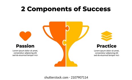 Puzzle winner cup infographic. 2 components of success - passion and practice. Presentation slide template. Competition victory. Sport concept. Trophy symbol.