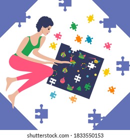 Puzzle. Woman collects drawing elements - abstract background - vector. Leisure. Mental health.