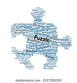 Puzzle Word Cloud. Composition of Words Related to Puzzle Solving, Complexity, and Challenges. Brain Teasers, Strategy, and Logic. Isolated White Background.