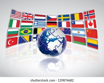 Puzzle world concept with national flags on screens. Editable vector format.