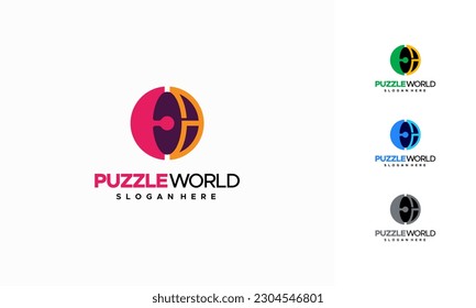 Logo del mundo del rompecabezas diseño vector, logotipo del rompecabezas de la educación, símbolo del logotipo de los niños