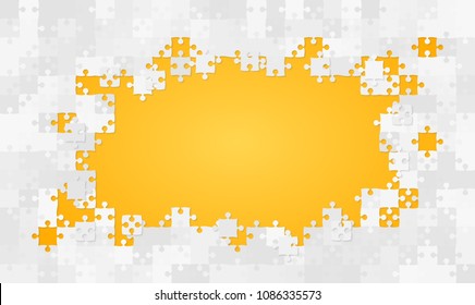 Puzzle yellow background, banner, blank. Vector jigsaw section template. Background with grey puzzle frame separate pieces, mosaic, details, tiles, parts. Rectangle abstract jigsaw. Game group detail.