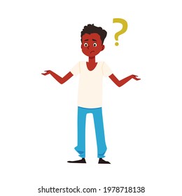 Puzzled african american boy standing throws up hands in bewilderment and confusion. Child has question, flat vector illustration isolated on background.
