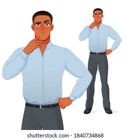 Puzzled black businessman thinking with his hand on chin. Vector cartoon character isolated on white background