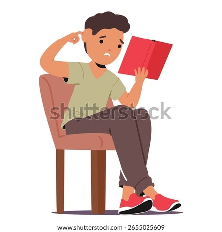 Puzzled boy child cartoon character sitting on chair holding book in hands having problem with reading, concentration and homework doing vector illustration. Children mental disorders struggling