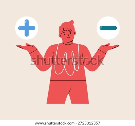 Puzzled boy having a dilemma deciding about advantages and disadvantages. Colorful vector illustration

