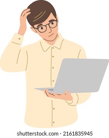 A puzzled boy with a laptop in his hands.