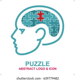 Puzzled brain abstract logo and icon.
Human head and puzzles.
Flat design element.